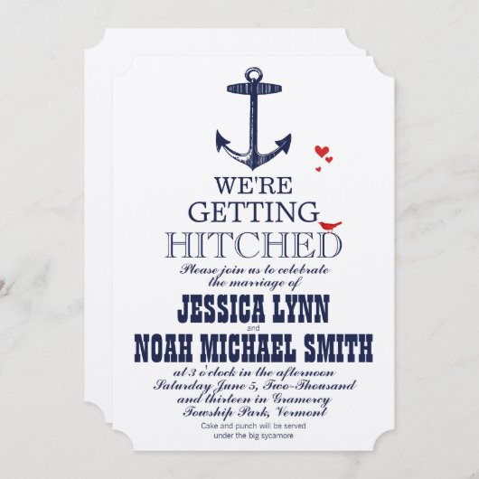 ネイビーブルー航海のいかりタイポグラフィレッド結婚ズ 招待状 (正面/裏面)