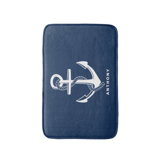 ネイビーブルー航海のいかりパーソナライズされたバスマット バスマット (正面縦)