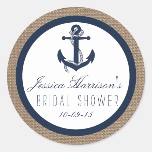 ネイビーブルー航海のいかりブライダルシャワーシール ラウンドシール (正面)