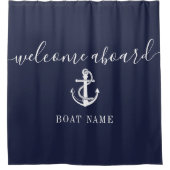 ネイビーブルー航海のいかりボート名ウェルカムクアボード シャワーカーテン (正面)