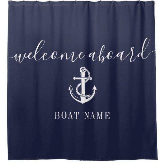 ネイビーブルー航海のいかりボート名ウェルカムクアボード シャワーカーテン (正面)