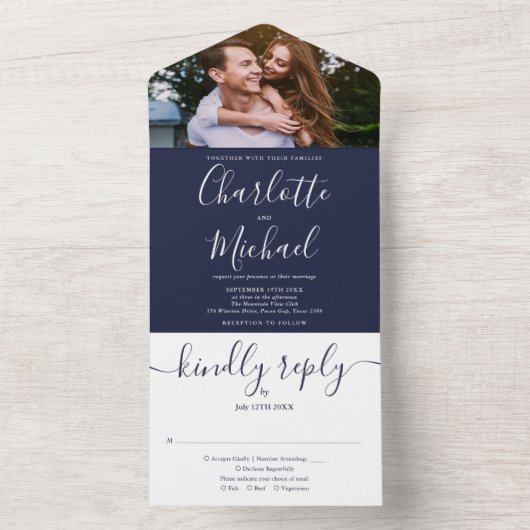 ネイビーブルー航海のいかりモノグラム結婚フォト オールインワン招待状 (内側)