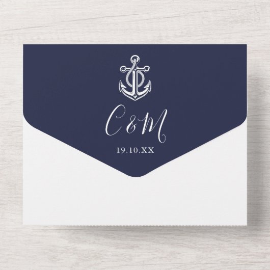 ネイビーブルー航海のいかりモノグラム結婚フォト オールインワン招待状 (裏面)