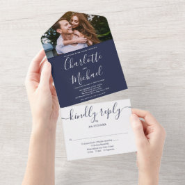 ネイビーブルー航海のいかりモノグラム結婚フォト オールインワン招待状