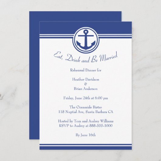 ネイビーブルー航海のいかりリハーサルディナー招待状 招待状 (正面/裏面)