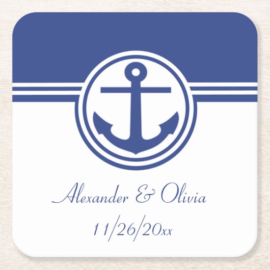 ネイビーブルー航海のいかり スクエアペーパーコースター (正面)