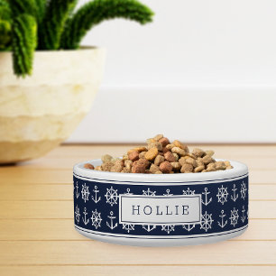 ネイビーブルー航海のいかり&ホイールパターンペット ボウル