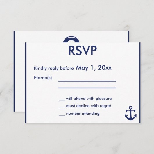 ネイビーブルー航海のウェディングRSVPカードブルーいかり 出欠カード (正面/裏面)