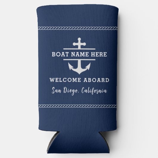 ネイビーブルー航海のウェルカムクアボードボートネームいかり スリム缶クーラー (正面)