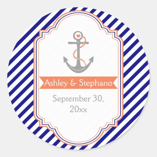 ネイビーブルー航海のサンゴ婚礼日を保存 ラウンドシール (正面)