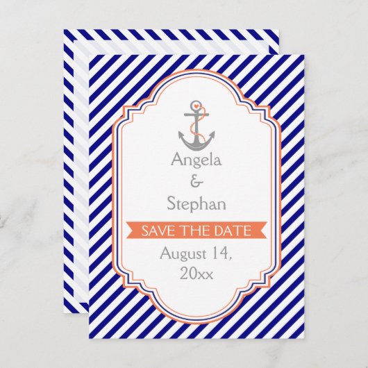 ネイビーブルー航海のサンゴ婚礼日を保存 案内ポストカード (正面/裏面)