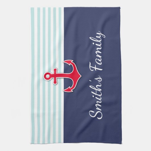 ネイビーブルー航海のデザインカスタムファミリー名 キッチンタオル (縦)