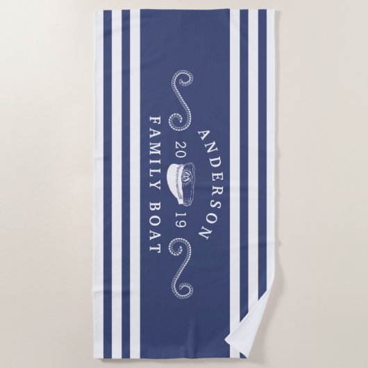 ネイビーブルー航海のファミリーボートボート船長 ビーチタオル (正面)