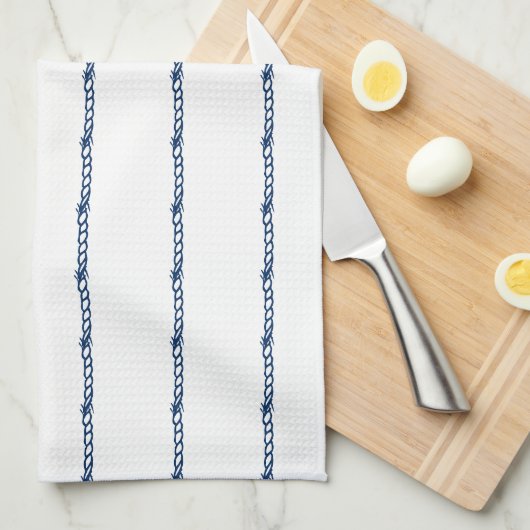 ネイビーブルー航海のホワイトロープ模様 キッチンタオル (四つ折り)