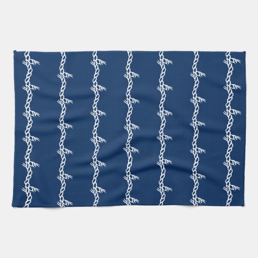 ネイビーブルー航海のホワイトロープ波パターンKitche キッチンタオル (横)