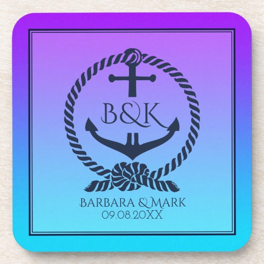 ネイビーブルー航海のボートいかりオンパープル&ブルー コースター (正面)
