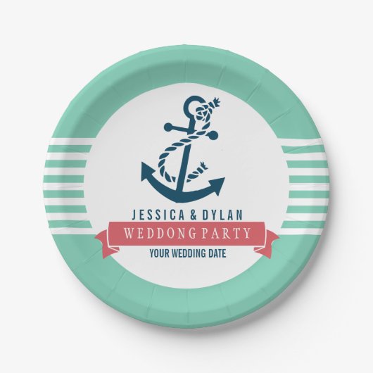ネイビーブルー航海のボートいかりホワイトストライプズ ペーパープレート (正面)