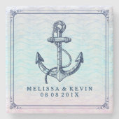 ネイビーブルー航海のボートいかり抽象芸術波 ストーンコースター (正面)