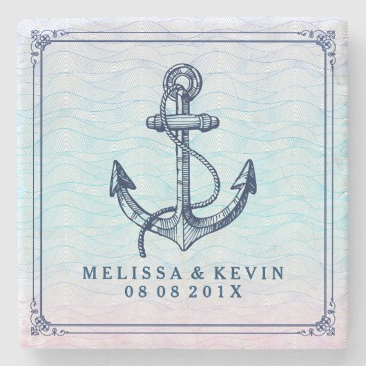 ネイビーブルー航海のボートいかり抽象芸術波 ストーンコースター (正面)