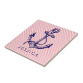 ネイビーブルー航海のボートいかり2とピンクストライプ色 タイル (側面)