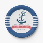 ネイビーブルー航海のボートいかり&ストライプ ペーパープレート (正面)