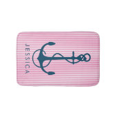 ネイビーブルー航海のボートいかり&ピンクストライプズ バスマット (正面)