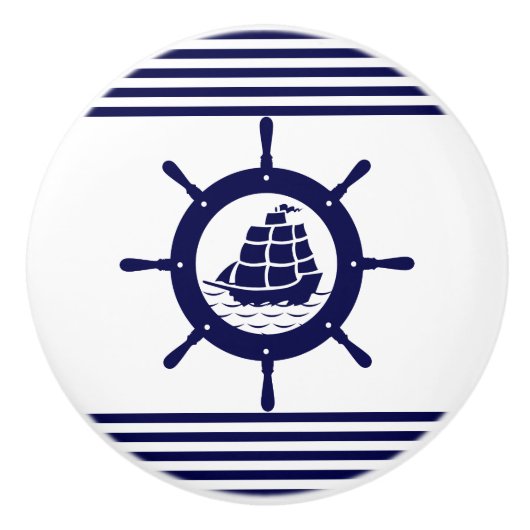 ネイビーブルー航海のボートホイールとストライプ セラミックノブ (正面)