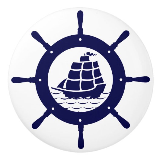 ネイビーブルー航海のボートホイールイラストレーション セラミックノブ (正面)
