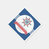 ネイビーブルー航海のボートホイール&ストライプ スタンダードカクテルナプキン (角)