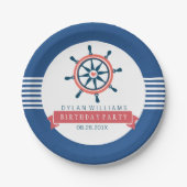 ネイビーブルー航海のボートホイール&ストライプ ペーパープレート (正面)