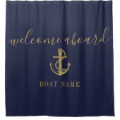 ネイビーブルー航海のボート名金ゴールドウェルカムクアボード シャワーカーテン (正面)