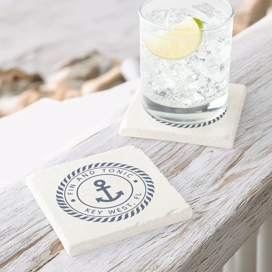 ネイビーブルー航海のロープ&いかりボート名 ストーンコースター