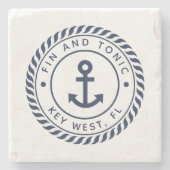 ネイビーブルー航海のロープ&いかりボート名 ストーンコースター (正面)