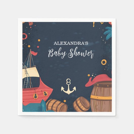 ネイビーブルー航海の海賊赤ちゃんシャワー スタンダードカクテルナプキン (正面)
