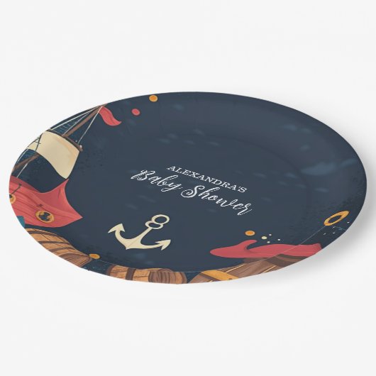 ネイビーブルー航海の海賊赤ちゃんシャワー ペーパープレート (アングル)