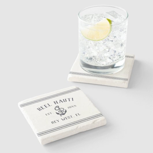 ネイビーブルー航海の素朴いかりボート名 ストーンコースター (横)