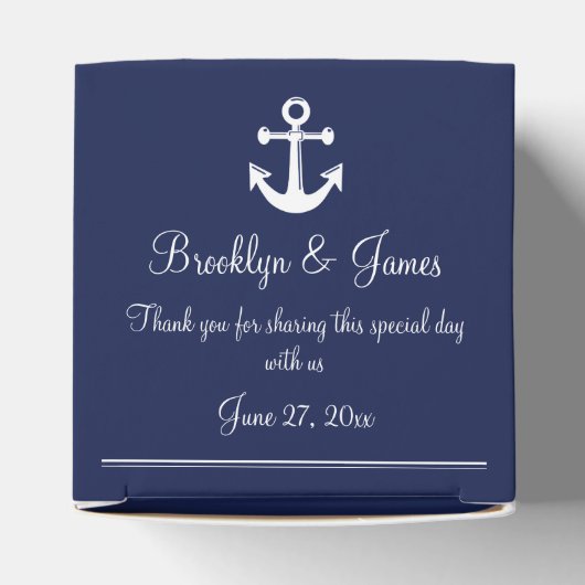 ネイビーブルー航海の結婚式の引き出物ボックスホワイトいかり フェイバーボックス (上部)