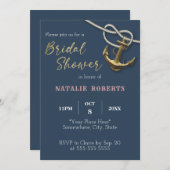 ネイビーブルー航海の金ゴールドいかりロープブライダルシャワー 招待状 (正面/裏面)