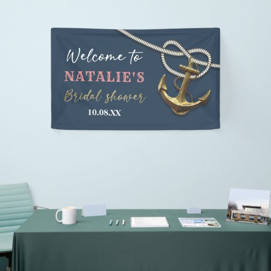 ネイビーブルー航海の金ゴールドいかりロープブライダルシャワー 横断幕 (トレードショー)