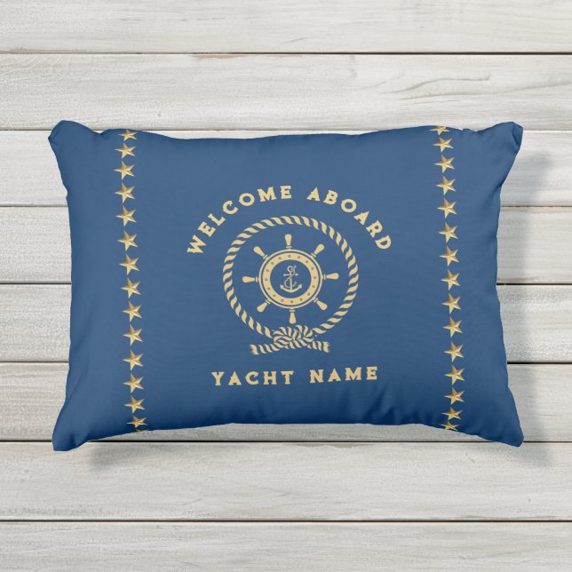 ネイビーブルー航海の金ゴールドホイルノットスターズ アウトドアクッション (正面)