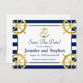 ネイビーブルー航海の金ゴールド結婚式の日付を保存 案内ポストカード (正面/裏面)