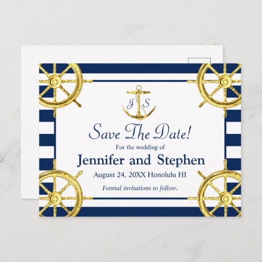 ネイビーブルー航海の金ゴールド結婚式の日付を保存 案内ポストカード (正面/裏面)