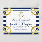 ネイビーブルー航海の金ゴールド結婚式の日付を保存 案内ポストカード (正面)