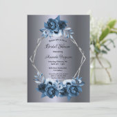 ネイビーブルー花模様ダークシルバーブライダルシャワー 招待状 (スタンド正面)