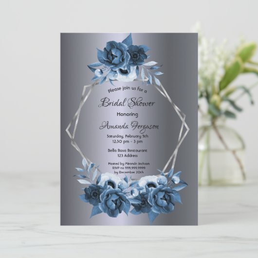 ネイビーブルー花模様ダークシルバーブライダルシャワー 招待状 (スタンド正面)