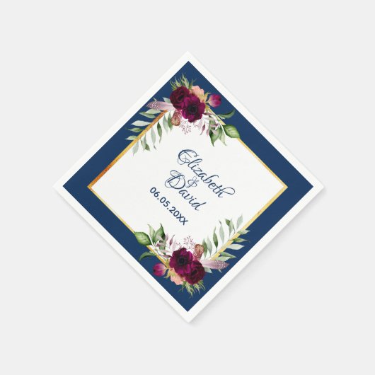 ネイビーブルー花模様ブルゴーニュ結婚ーの スタンダードカクテルナプキン (角)