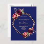 ネイビーブルー花模様ブルゴーニュ結婚式招待状 ポストカード (正面/裏面)