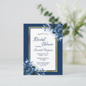 ネイビーブルー花模様金ゴールドブライダルシャワー招待 ポストカード (スタンド正面)