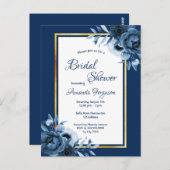 ネイビーブルー花模様金ゴールドブライダルシャワー招待 ポストカード (正面/裏面)