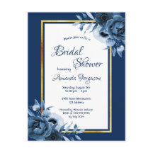 ネイビーブルー花模様金ゴールドブライダルシャワー招待